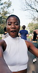 Face, influencer and woman with friends for running club, exercise and motivation for training. Portrait, pov and happy person with vlog for workout, fitness and content creation for social media