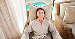 Spa, woman and relax in hotel with peaceful holiday, hospitality and luxury accommodation for rest. Above, mature person and comfortable at resort with vacation, wellness retreat and weekend getaway.