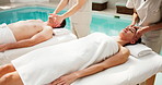 Spa, relax and massage facial with couple for peace, stress relief and healing at wellness retreat. Mature people, therapist and skincare service, lymphatic drainage and holiday at swimming pool