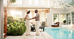 Travel, happy or couple in hotel with dance, vacation fun or groove together on summer holiday. Trip, rhythm or mature people at poolside with good time, romantic getaway or playful bonding at resort