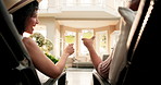 Relax, cheers or happy couple on vacation in resort for holiday, bonding or getaway in luxury spa. Man, woman or toast with glasses or alcohol for weekend, summer break or romantic date in retreat