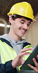 Construction worker, research and man with tablet on building site, smile and scroll info on web. Low angle, online and happy person with tech, project update and planning for property development