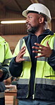 Carpenter, team and conversation in workshop with planning, manufacturing advice and partnership. Supervisor, mature men and talk in factory with tablet, woodwork production and project management.