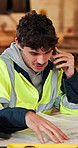 Blueprint, conversation and phone call with man in carpentry workshop for lumber or timber supply. Discussion, tech and project management with carpenter in woodworking factory with floor plan