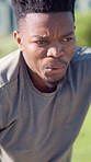 Fitness, power or athlete with battle ropes, outdoor workout or strength training in intense routine. Serious, wellness or black man with equipment, resistance exercise or endurance for muscle growth