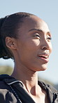 Woman, exercise and squat in city with fitness challenge, strength training or active with movement. Black person, breathing and workout outdoor with stress relief, vitality and wellness on weekend.