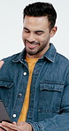 Wave, studio and happy man with tablet for video call or communication on a white background. Male person, user or talking with smile or technology for online conversation, discussion or virtual chat