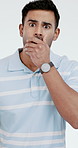 Face, surprise and man in studio with shock for gossip, information and reaction for bad news. Portrait, white background and person with omg, what and expression for reveal, announcement and drama