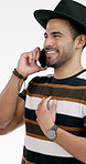 Digital, laugh or man in studio with phone call, connection or happy moment in remote discussion. Contact, smile or person on white background with tech, chat or joke reaction in online communication