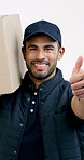 Face, delivery and happy man with thumbs up for box, distribution feedback or good review. Portrait, male person or courier guy with smile, like emoji or yes sign for transportation service or parcel