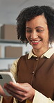 Logistics, laugh or woman in office with phone, positive review or funny rating on ecommerce store. Distribution, happy or mature entrepreneur with tech, humor feedback or customer meme on webshop.