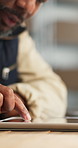 Hands, man and logistics in office with tablet, email supplier and confirm order for distribution. Mature person, scroll and review at startup with tech, stock availability and delivery for ecommerce