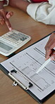 Hands, financial planning and old person with paperwork in house, calculation and asset management. Investment, review and family with calculator for retirement fund, above and check savings in home