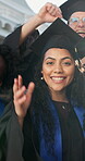 Happy, selfie and group at graduation ceremony for college degree, education milestone and pride. People, university graduate and peace or excited  friends for goals, flare and social media post