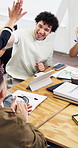 College, applause or team in class with high five, academic victory or good grade on budget project. Happy, people or finance student with clap, group achievement or success with university results.