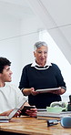 College, lecturer and students with tech, lesson and planning for assignment with research in class. Education, online and happy people with tablet, professor and laugh with advice in university