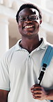 College, face and black man on campus with laugh, knowledge and scholarship in study opportunity. Happy, gen z and university student with joke, higher education and confidence in academic course.