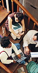 People, students and relax on stairs with laptop, data analysis and exam results for pass rate. Above, friends and screen on steps with pc, attendance graphs and academic stats for course performance