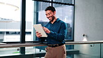 Happy, tablet and business man in lobby for investment review, digital banking and stock market. Office, corporate and person on tech for financial report, liquidity management and wealth portfolio