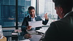 Businessman, document and consultation in office with client, data or risk assessment for liability. Financial advisor, people and meeting with stats for debt review, discussion or guidance for loan.