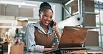 Woman, owner and phone call at startup with laptop, research and contact supplier for delivery. Smile, African person and review in office with tech, wholesale inquiry and update pricing for shipping