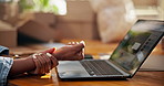Woman, hands and laptop with wrist pain for small business strain, stress or carpal tunnel syndrome. Female person, sore arm and computer with discomfort for overworked pressure or muscle tension