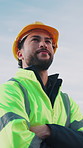 Thinking, construction and man with helmet for planning, inspection and ppe for property development. Engineering, architecture and person with safety, hard hat and reflection for remodeling project