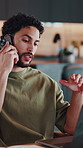 Phone call, freelancer and laptop with man in home for virtual assistant, feedback and planning. Online booking advisor, remote worker and communication support with person in house for update