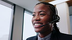Consulting, woman and happy with headset in call center for portfolio update, loan advice or CRM. Black person, finance agent or smile with mic for insurance claim, online inquiry or customer service