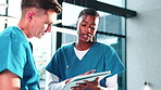 Teamwork, nurses or people with tablet in hospital for medical advice, research and telehealth app. Surgeons, technology and internet connection at clinic with discussion of results, serious and plan