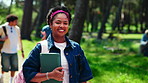 Face, student and woman at college with laugh, tablet and education for environmental studies degree. Happy, person and outdoor on campus with tech, positive attitude or ecology course for university
