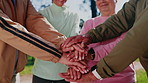 Hands, stack and people in nature for fitness together, unity or support with senior exercise club. Motivation, friends and retirement community with applause, huddle and ready or workout outdoor