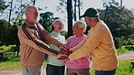 Laughing, old people and stack in nature for fitness, support and senior exercise club outdoor. Motivation, happy friends and retirement community with hands together, huddle or ready for workout