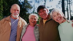 Fitness, face and old people at park, hug and laughing together after physical activity or exercise. Outdoor, portrait and senior friends on break, happy and rest post workout and embrace in nature