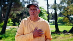Fitness, break or old man in park with chest pain, workout discomfort or cardiac concern in exercise. Wellness, hurt or senior person with recovery, breathing difficulty or heart attack in training.