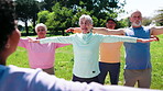 Fitness, trainer or old people in park with stretching, active or workout group in wellness hobby. Happy, instructor or senior team with mobility, training together or keeping fit in retirement.