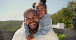 Face, dad and piggyback with child in nature for outdoor bonding, holiday or free time together. Portrait, black family or father carrying daughter with smile for weekend getaway, vacation or trip