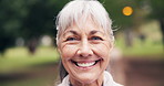 Happy, face and senior woman in park fitness, exercise and laugh for wellness, health and fresh air. Retirement, portrait and mature person outdoor for break, active lifestyle and workout in morning