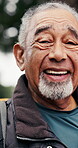 Senior, happy man and face in forest for hiking adventure, active retirement and outdoor wellness. Hobby, pensioner and trekking break in woods with laughing, vitality and healthy aging with backpack