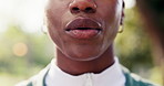 Woman, mouth and breathing outdoor with meditation, fresh air and stress relief for holistic health. Bokeh, person and breathwork in nature for mindfulness, grounding exercise and calm for wellness.