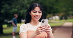 Student, woman and laugh in university with phone, social media and funny online meme for education. Happy, person and typing outdoor in college with tech, reading text message and joke on internet.