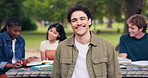 Face, students and man outdoor at university for study group, education and learning opportunity. Happy, portrait and person with friends on campus for assignment, knowledge and course at college