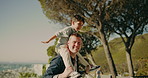 Shoulder, ride and dad with child, dancing and bonding with boy on weekend and playful movement. Family, outdoor and happy man with son, spinning and rhythm with kid on break or connection together