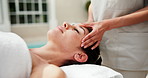 Spa, woman and head massage for relax, stress relief and holistic wellness for health on vacation. Mature person, therapist and luxury service at resort for peace, mental benefits and calm on holiday