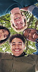 Face, huddle and group of people outdoor in nature for solidarity, unity and community in circle. Below, support and happy youth or men and women together for diversity, friendship and connection