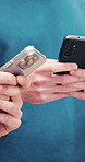 Typing, hands and students with phone outdoor for connection, data sync or online university platform. Texting, message and people on campus with mobile app, college community chat or learning forum