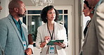 Tablet, advice and team with business woman at conference for vip organizer, meeting and event. Delegate registration, digital guest sign in and seminar coordinator with employee in hotel for search