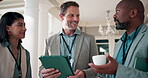 Business, coffee or people at seminar with break, b2b opportunity or feedback in intermission. Discussion, happy or employees at event with warm drink, networking or collaboration in refreshment rest