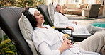 Friends, relax and spa at resort with holiday, peaceful trip or hospitality at luxury accommodation. Calm, mature women and rest at hotel with wellness retreat, unwind and chill on vacation together.