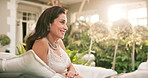 Holiday, woman or couple in hotel with bonding, conversation or happy moment on romantic getaway. Smile, love or mature people in resort with flare, vacation together or connection with casual chat.